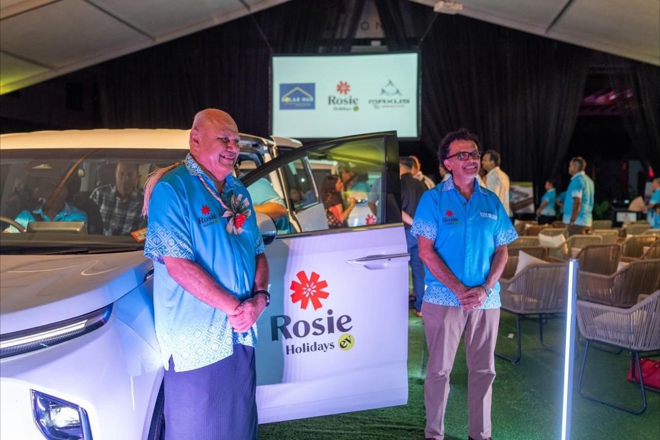 The Rosie Holidays electric vehicle on show at the fleet launch, with Solar Hub Fiji, Rosie and Maxus branding